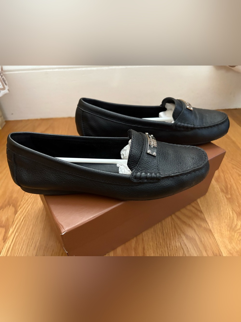 Coach Frederica Black Leather Moccasin Loafers with Silver Accent, NWT - Picture 5 of 11